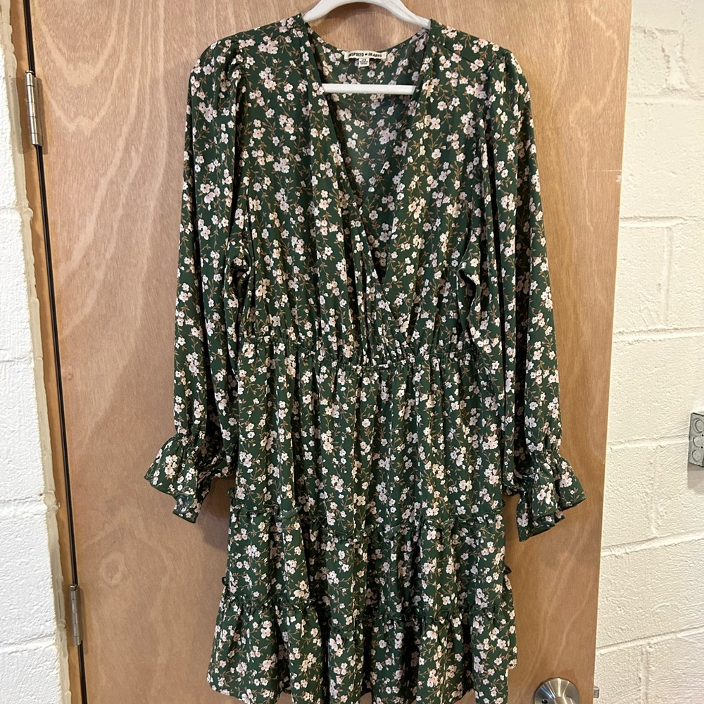 Floral Olive Faux Wrap Ruffle Dress